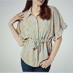 Bishop+Young Floral Ruffle Short Sleeve Tie Front Button Down Blue Blouse Sz M